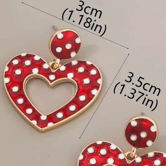 Heart-Shaped Red Polka Dot Earrings Valentine's Day Dangle Pierced Jewelry Love - Picture 5 of 5